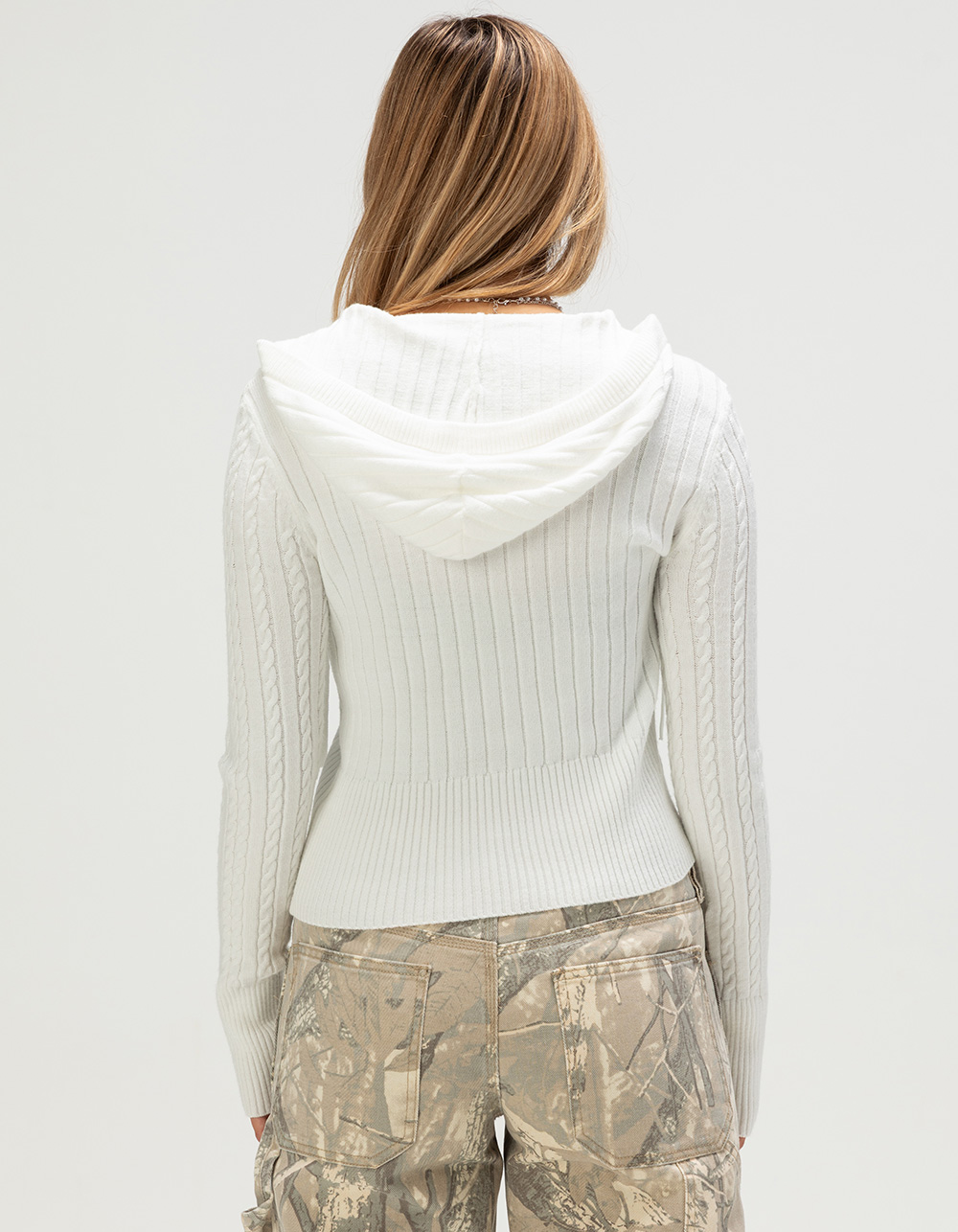 NO COMMENT Cable Knit Womens Zip-Up Hooded Sweater