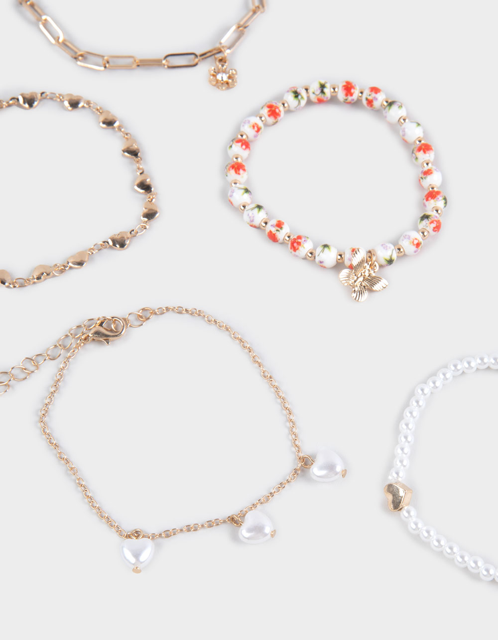 FULL TILT 5 Pack Pearl/Heart/Floral Bracelets - GOLD