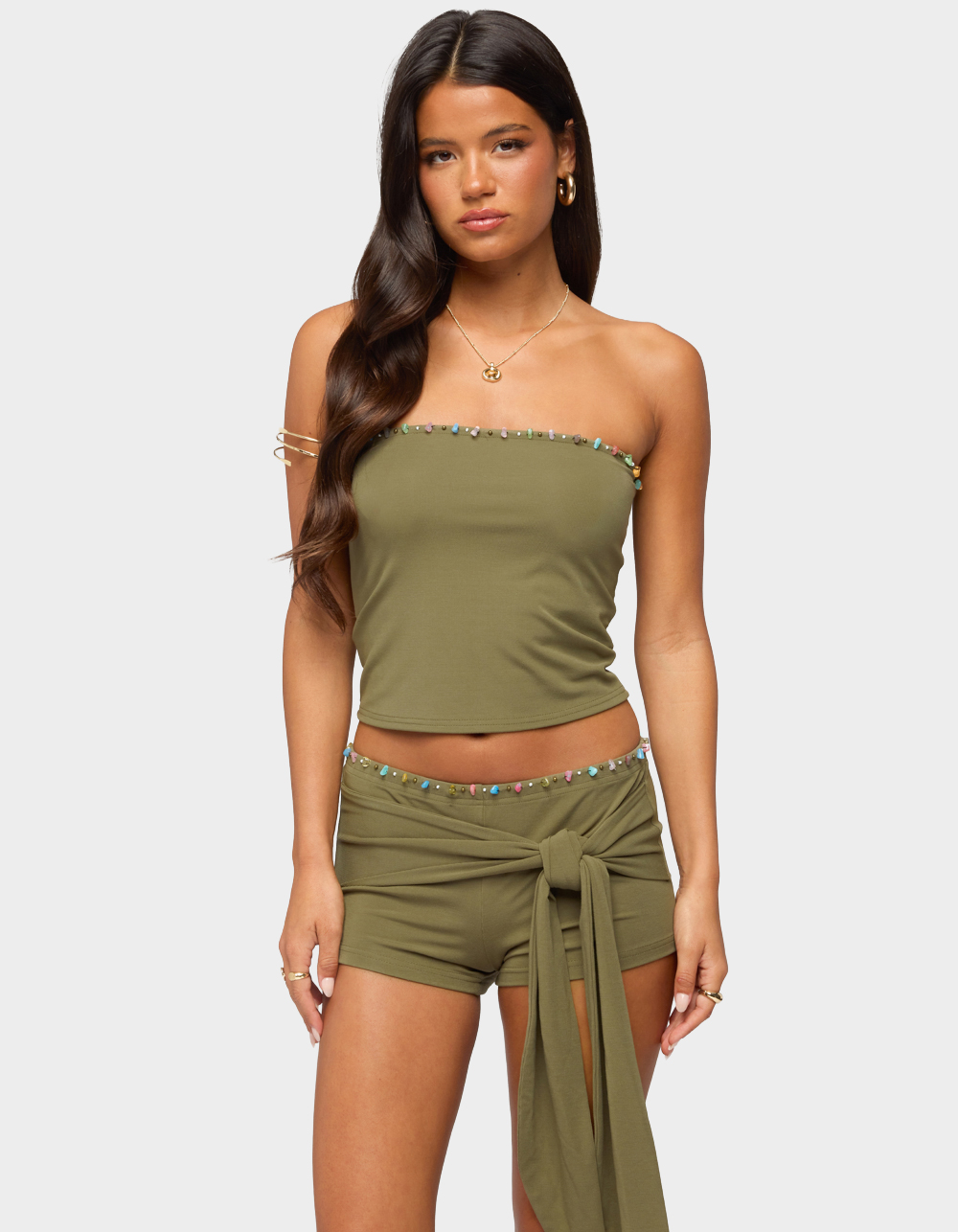 EDIKTED Monroah Bead Strapless Top - DK GREEN