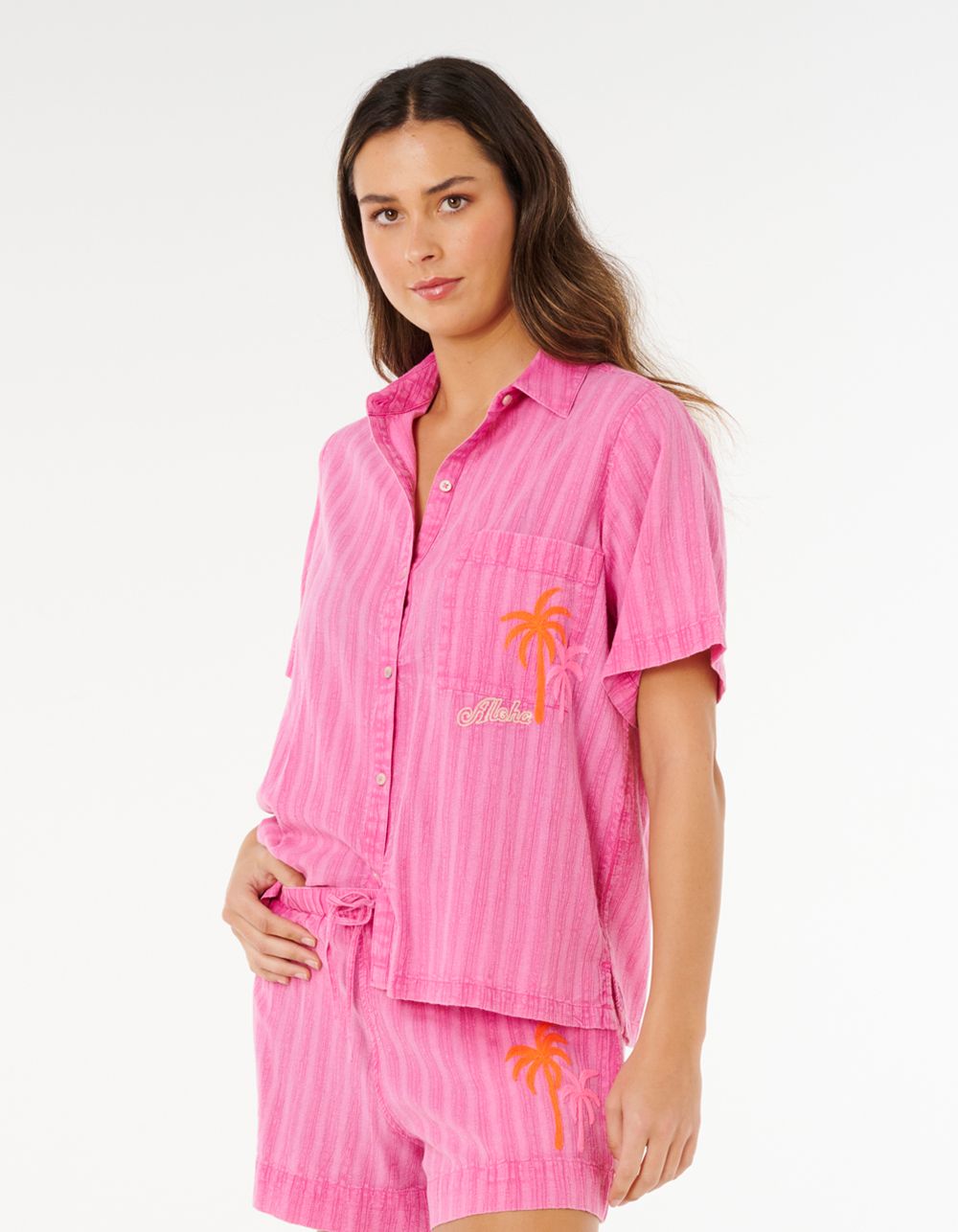 RIP CURL Hotel Malibu Embroidered Womens Shirt - HOT PINK