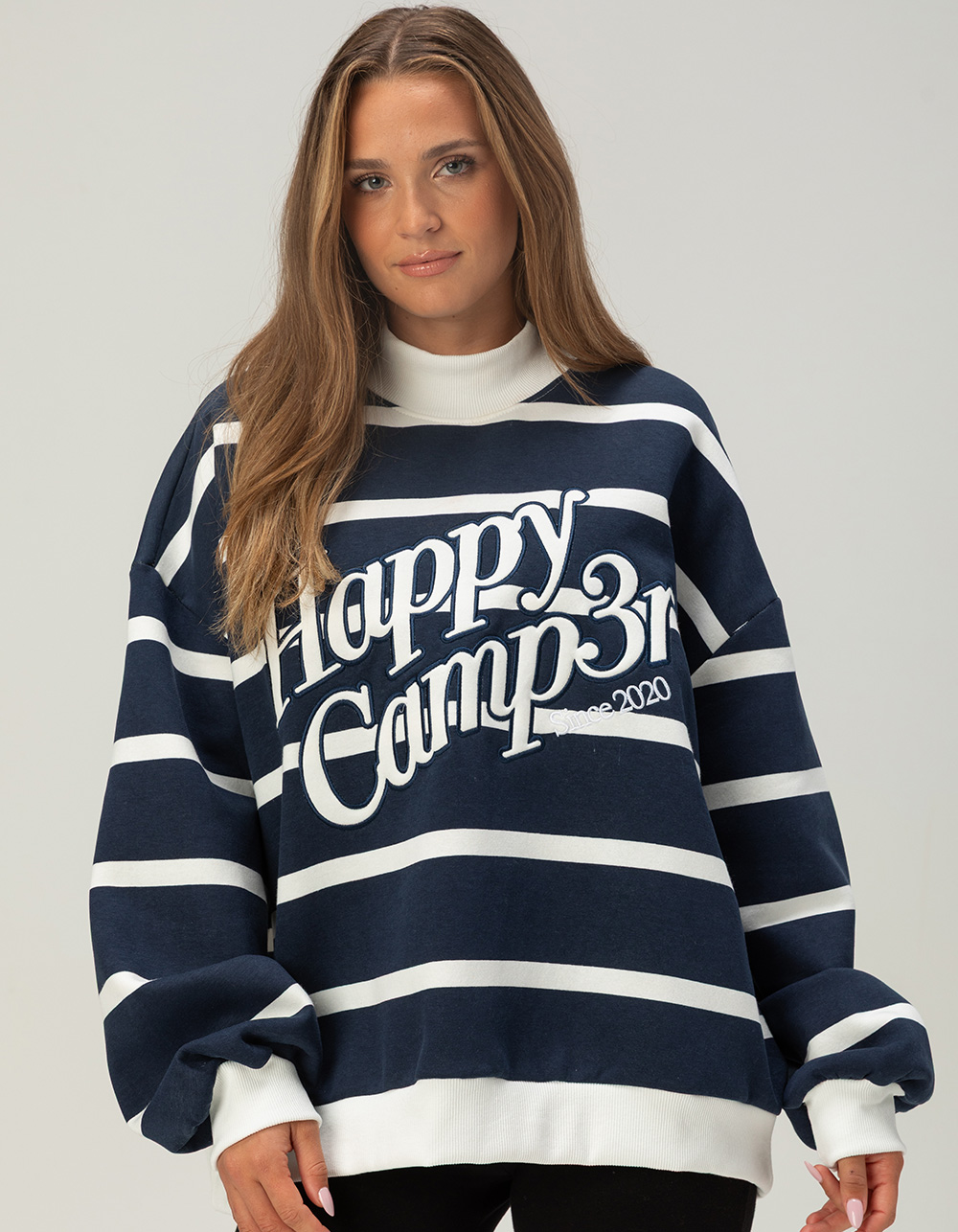 HAPPY CAMP3R Stripe Womens Mock Neck Sweatshirt - NAVY/WHITE