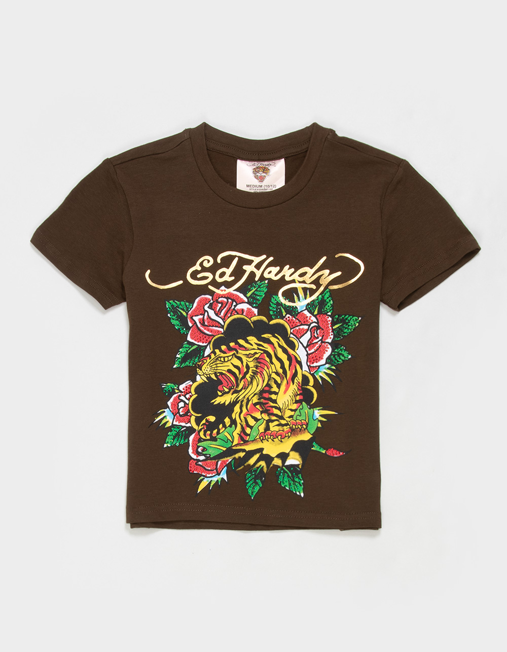 ED HARDY Embellished Tiger Rose Girls Tee - BROWN