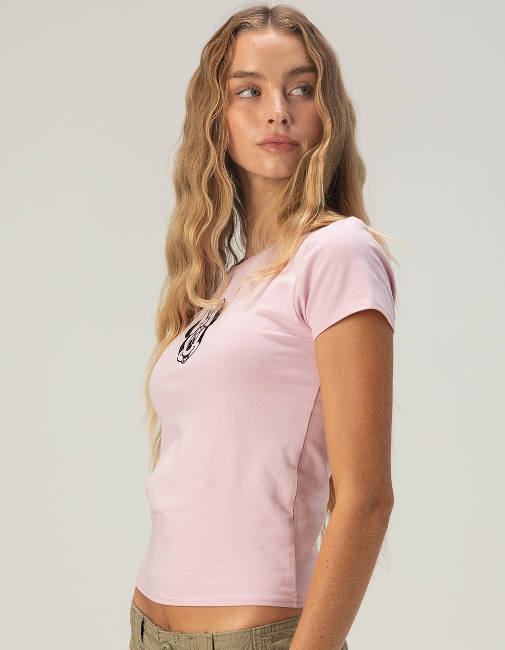 DISNEY Minnie Mouse Womens Embroidered Baby Tee - PINK
