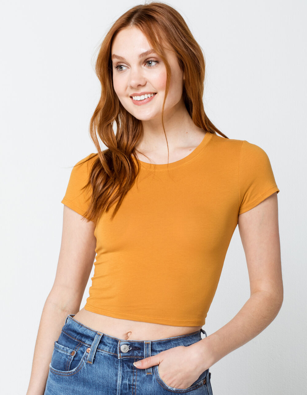 BOZZOLO Crew Neck Womens Mustard Crop Tee image number 1