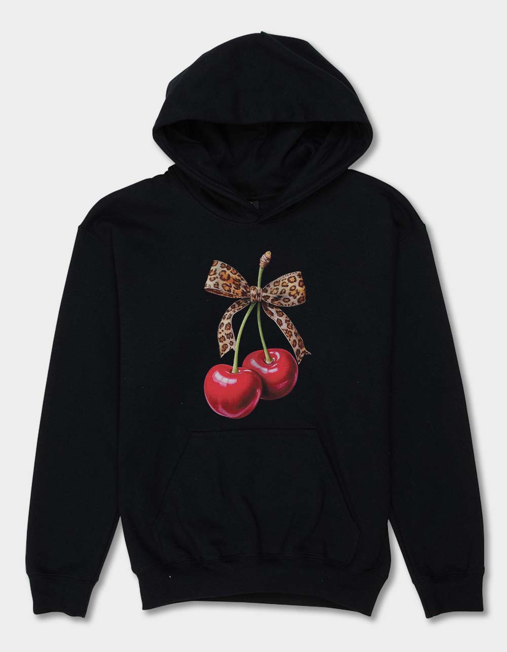 CHERRIES Leopard Bow Unisex Kids Hoodie - BLACK