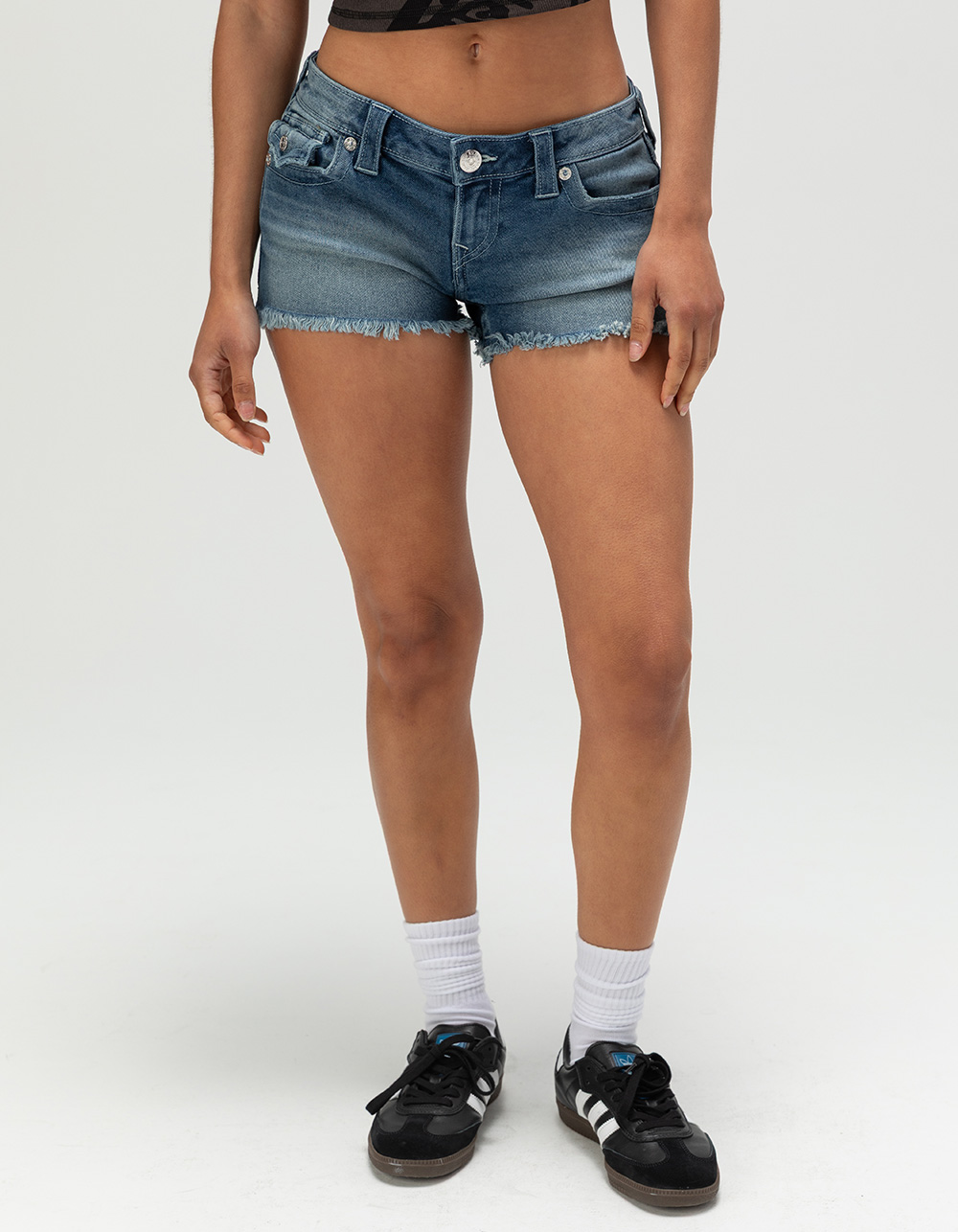 TRUE RELIGION Joey Womens Low Rise Frayed Shorts - MEDIUM WASH