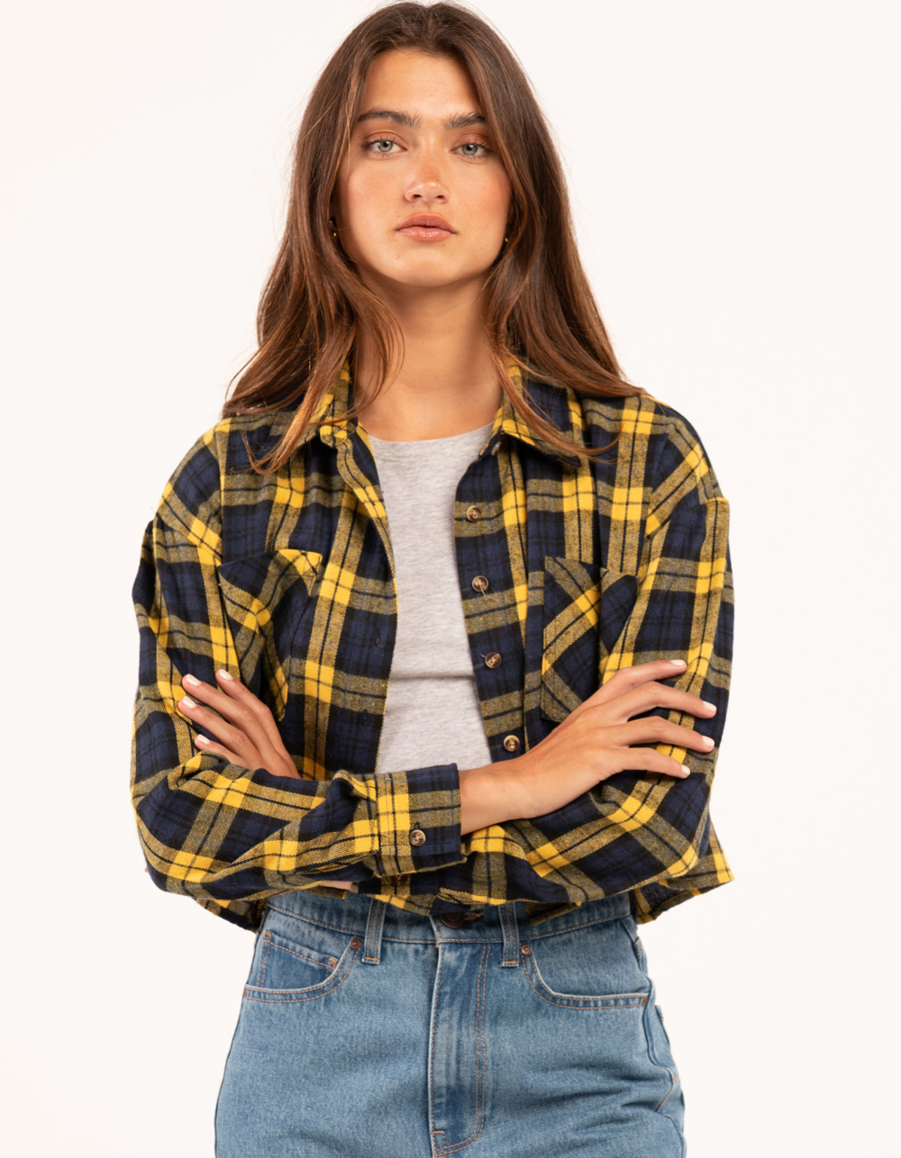 RSQ Womens Crop Flannel - NAVY COMBO | Tillys