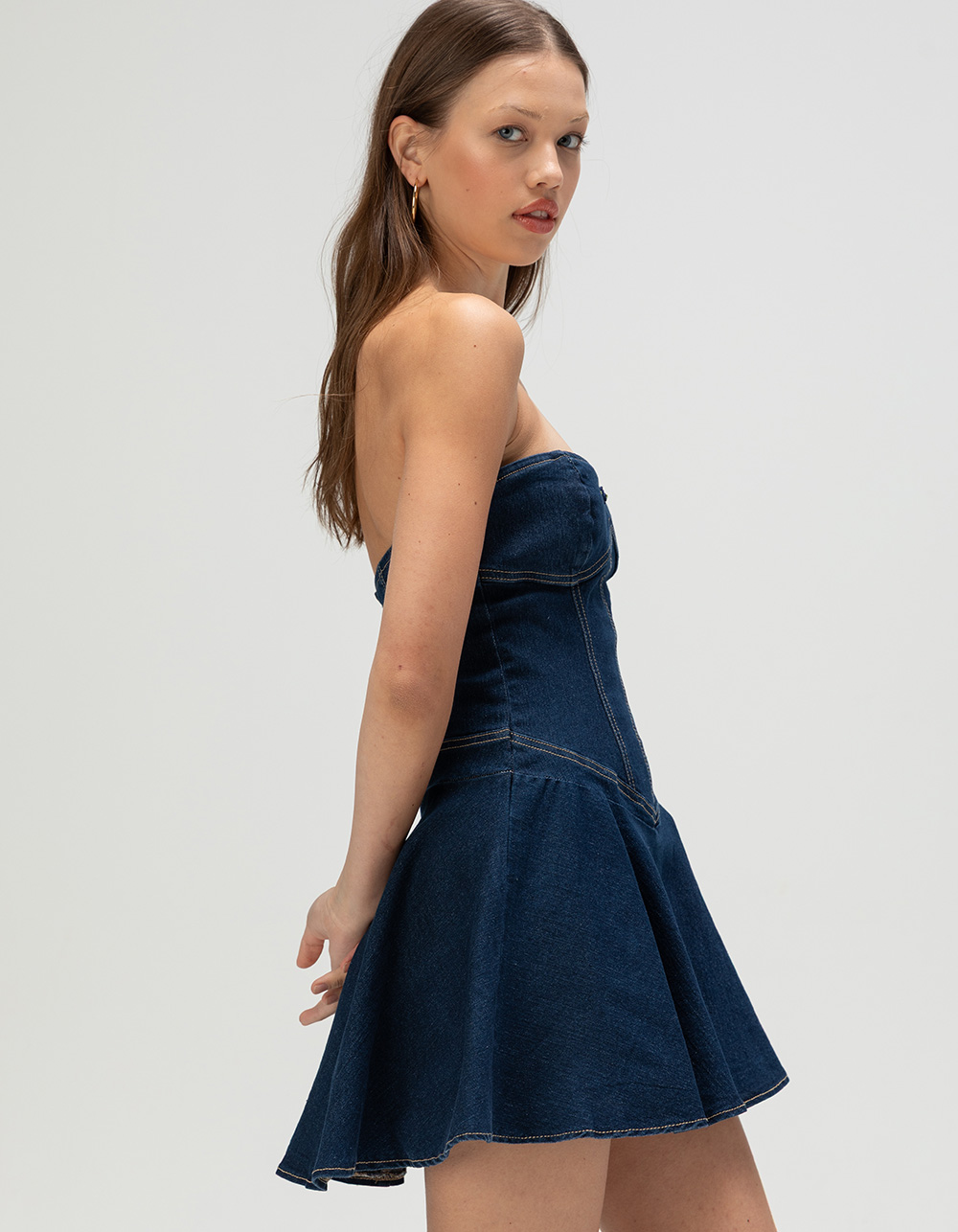 WEST OF MELROSE Denim Tube Drop Waist Womens Mini Dress - Dark Wash