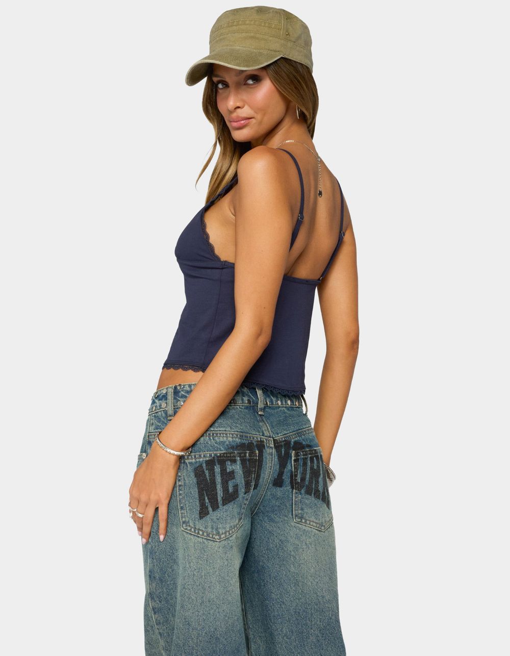 EDIKTED Lotto Lacey V-Neck Tank Top - NAVY