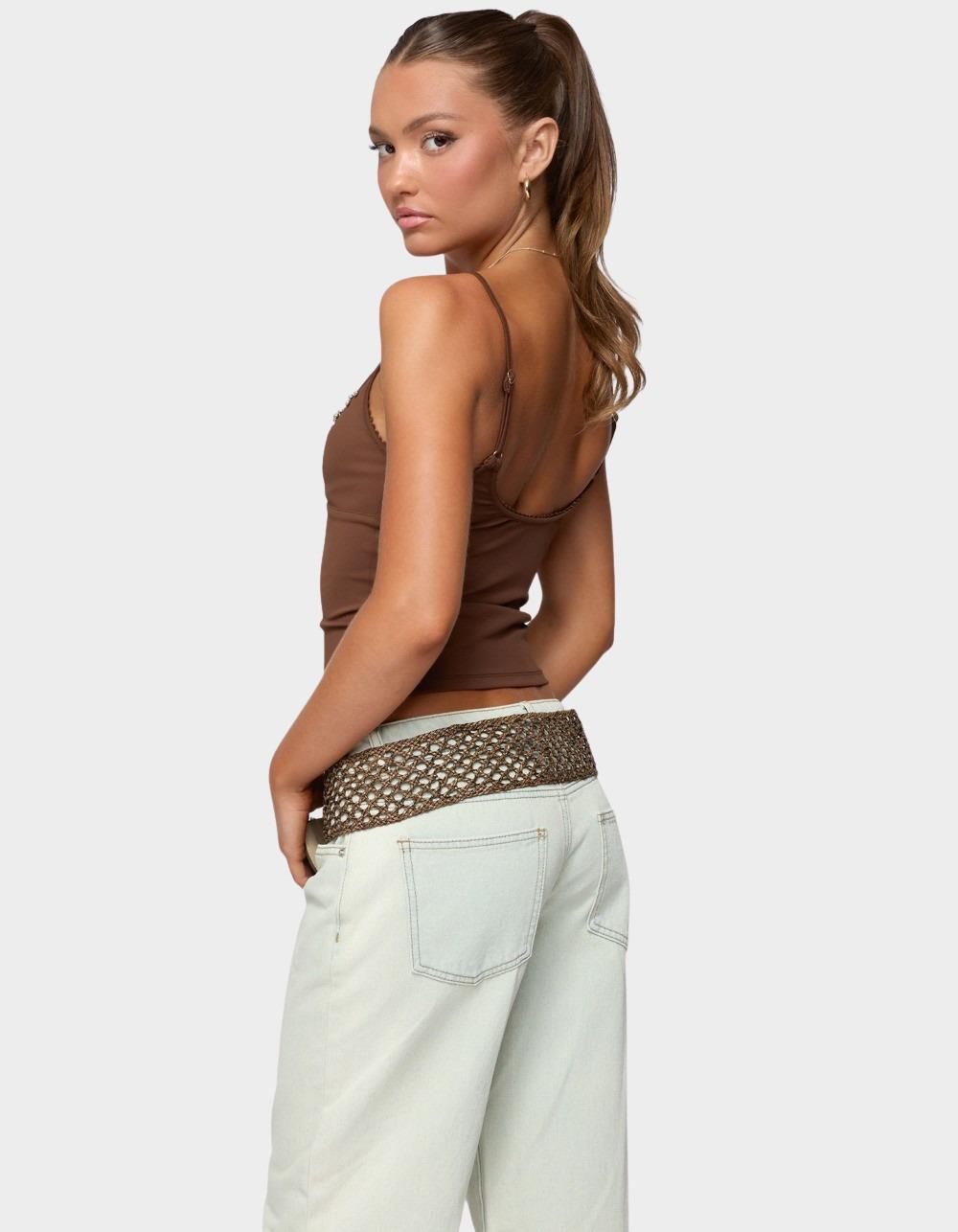 EDIKTED Holland Bead V-Neck Tank Top - BROWN
