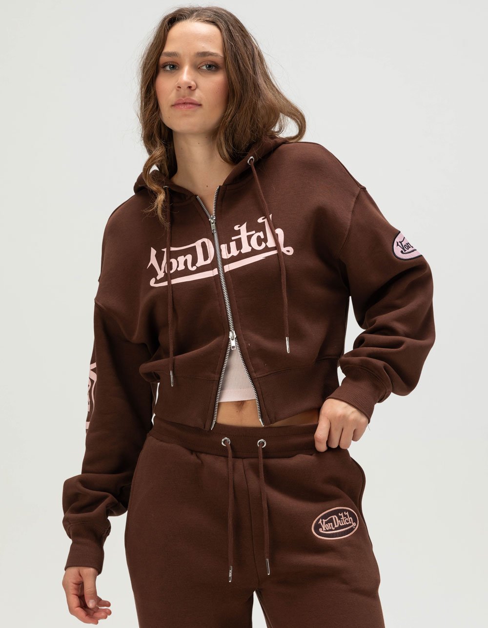 VON DUTCH Logo Womens Zip-Up Hoodie - BROWN
