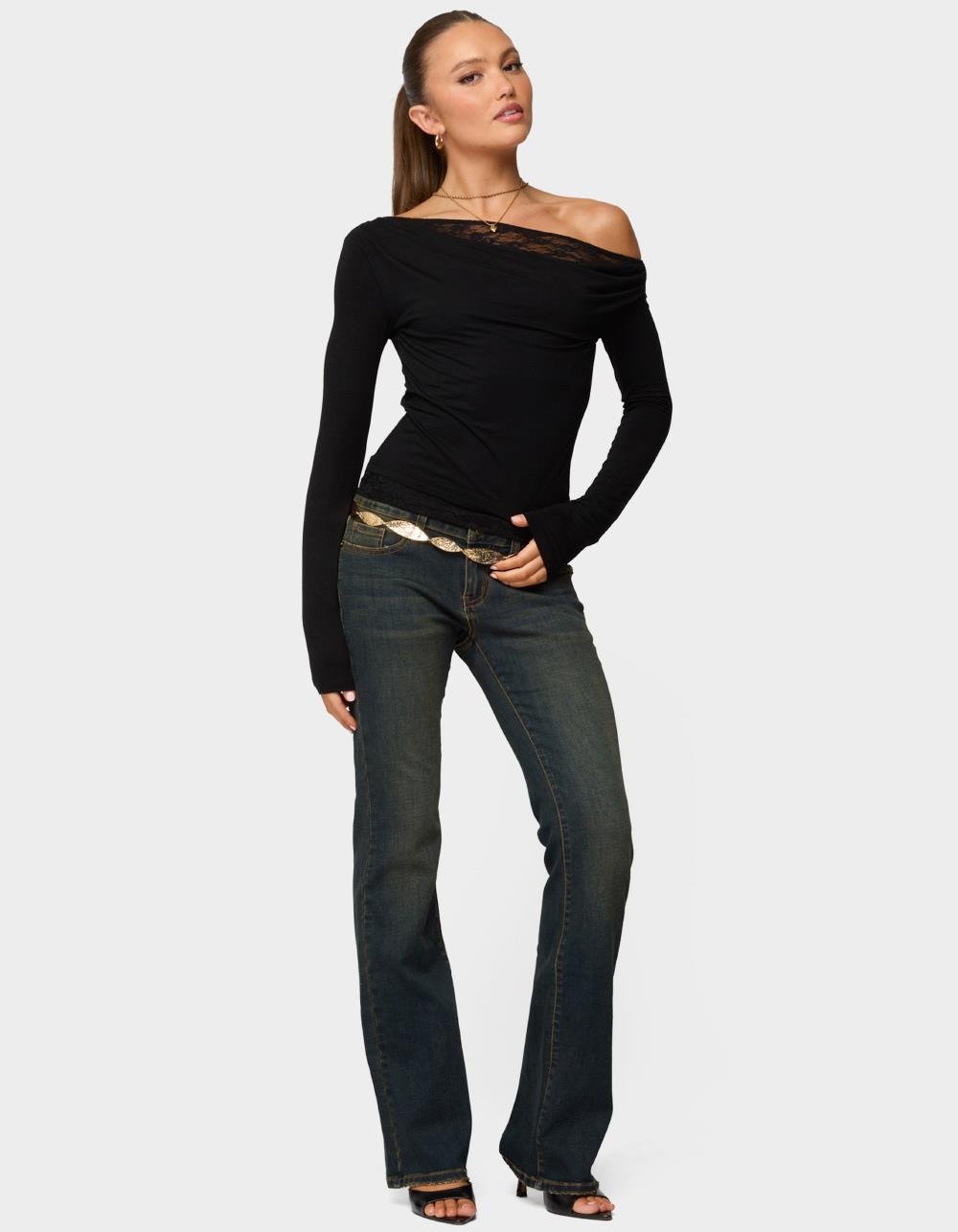 EDIKTED Layered Lacey Off Shoulder Top - BLACK