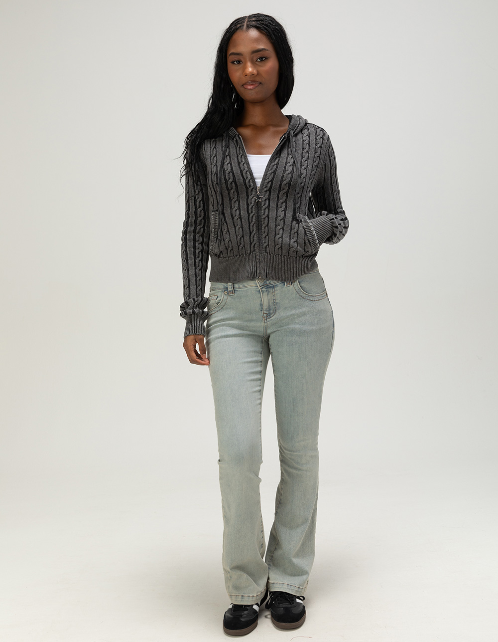 FULL TILT Womens WASHED Zip-Up Cable Knit Hoodie - BLACK