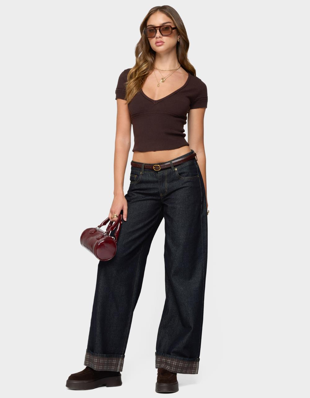 EDIKTED Theresa V-Neck Knit Top - BROWN