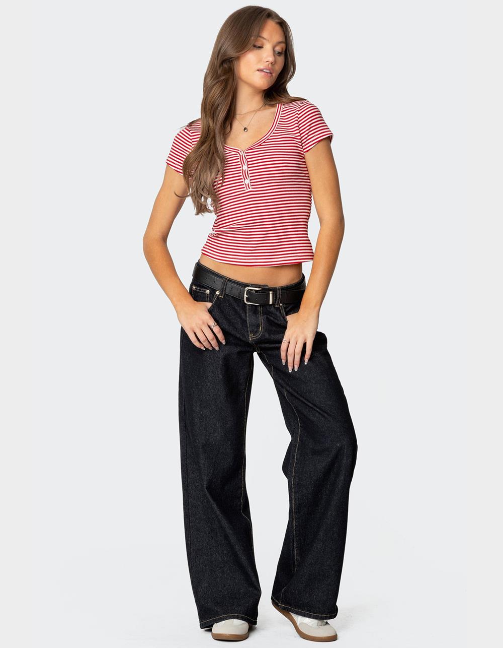 EDIKTED Kady Striped Henley Tee - RED