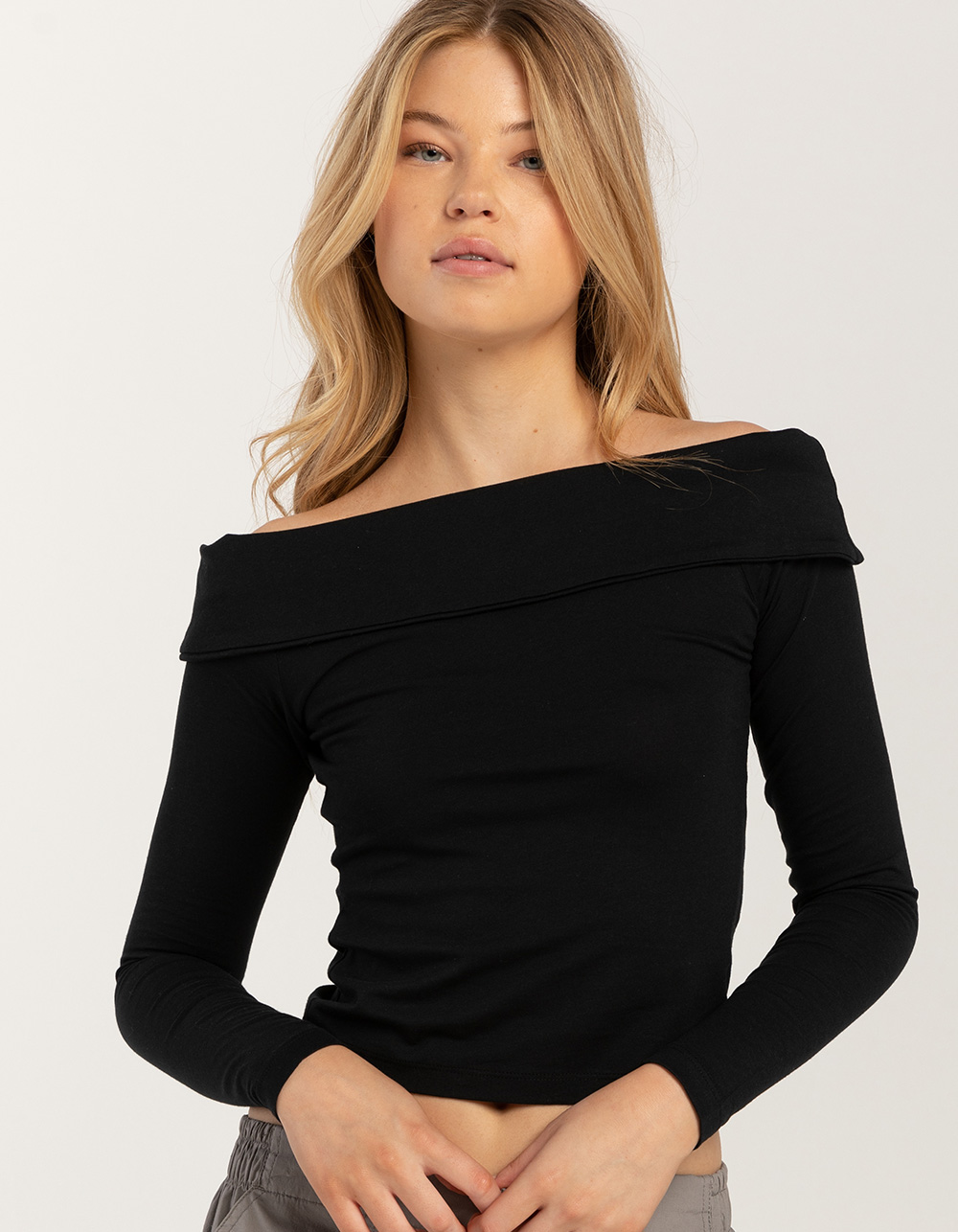 FULL TILT Fold Over Off The Shoulder Womens Long Sleeve Top - BLACK
