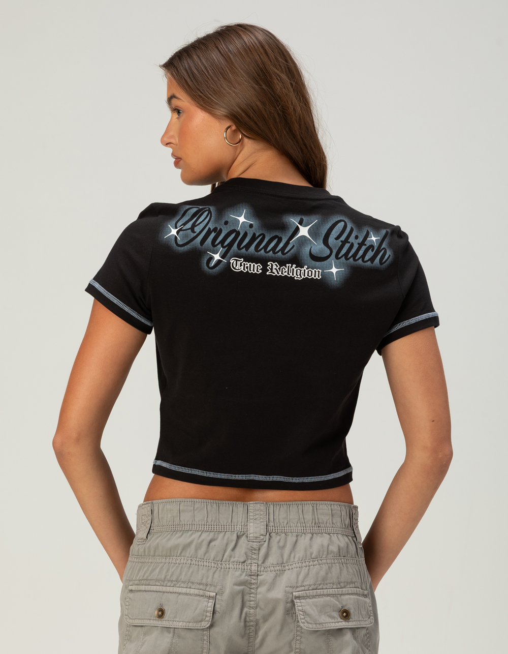 TRUE RELIGION Crystal Logo Womens Baby Tee - BLACK