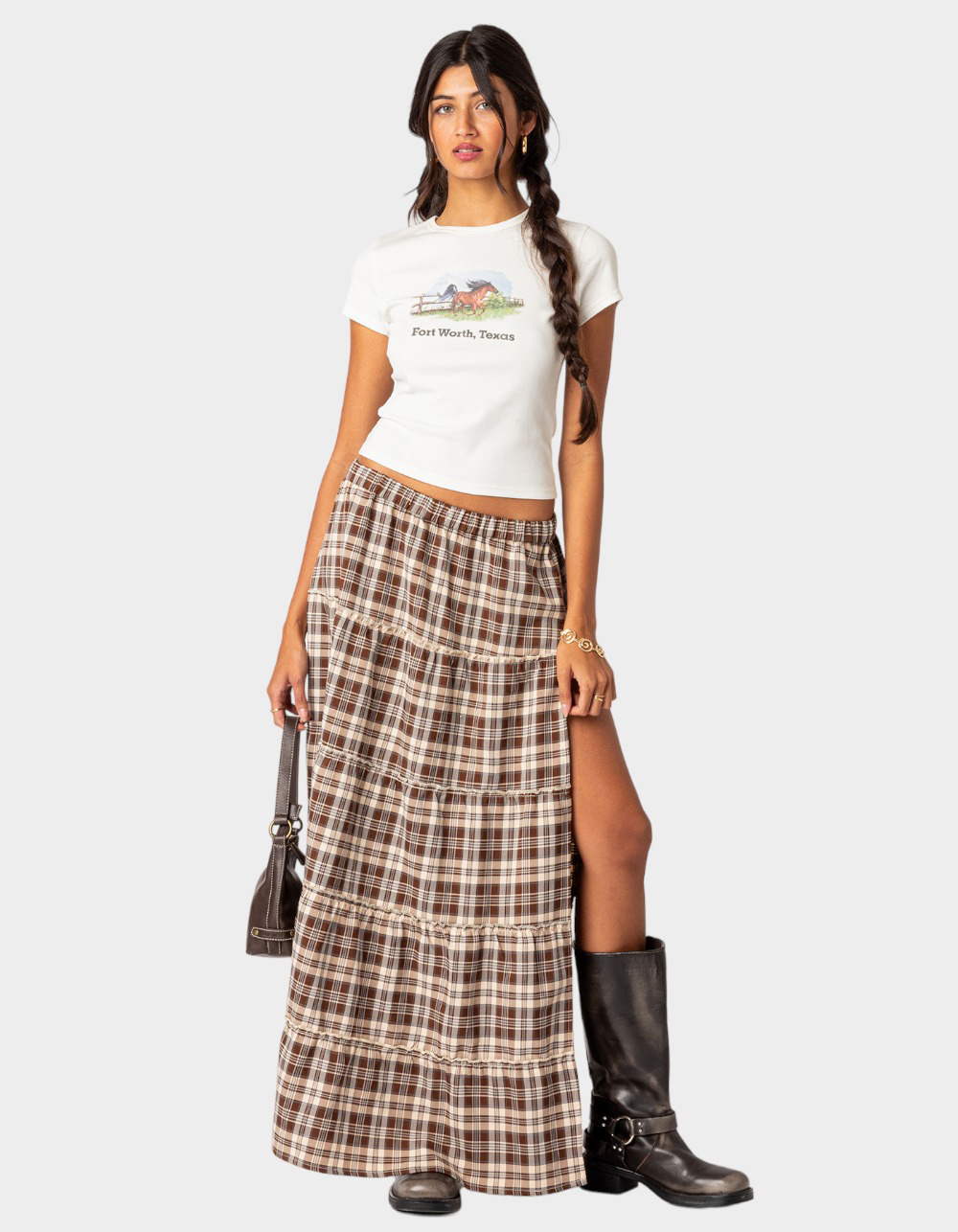 EDIKTED Plaid Side Slit Tiered Womens Maxi Skirt