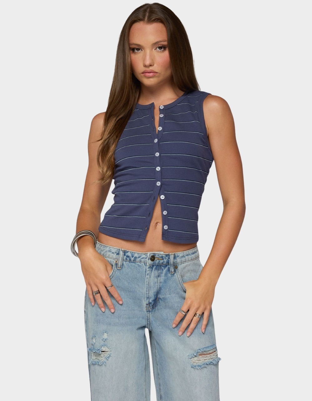 EDIKTED Brynne Striped Button Up Top - NAVY