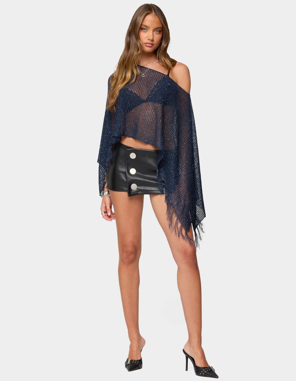 EDIKTED Sequin Fringe Knit Poncho