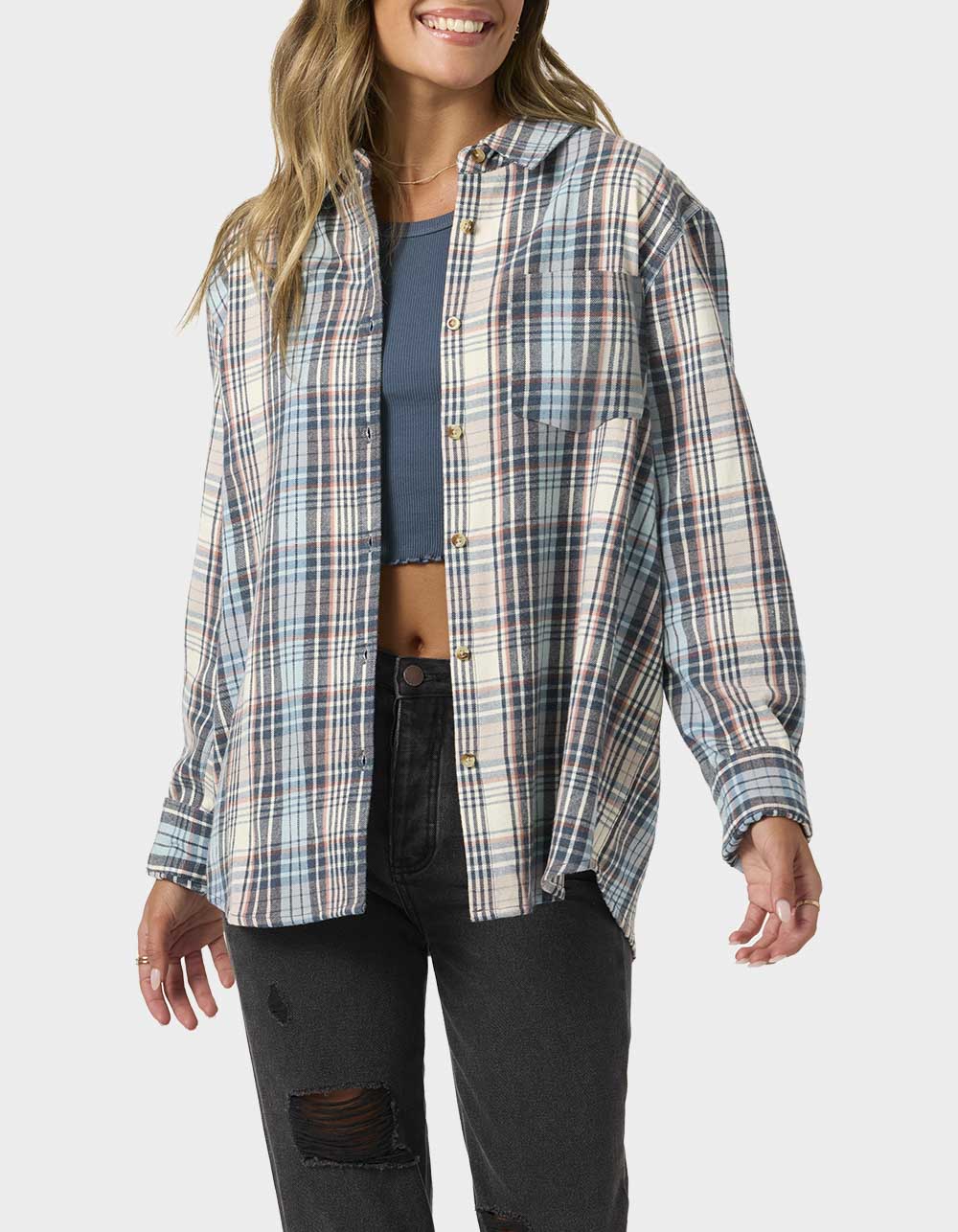 O'NEILL Logan Flannel Womens Long Sleeve Top - LIGHT BLUE