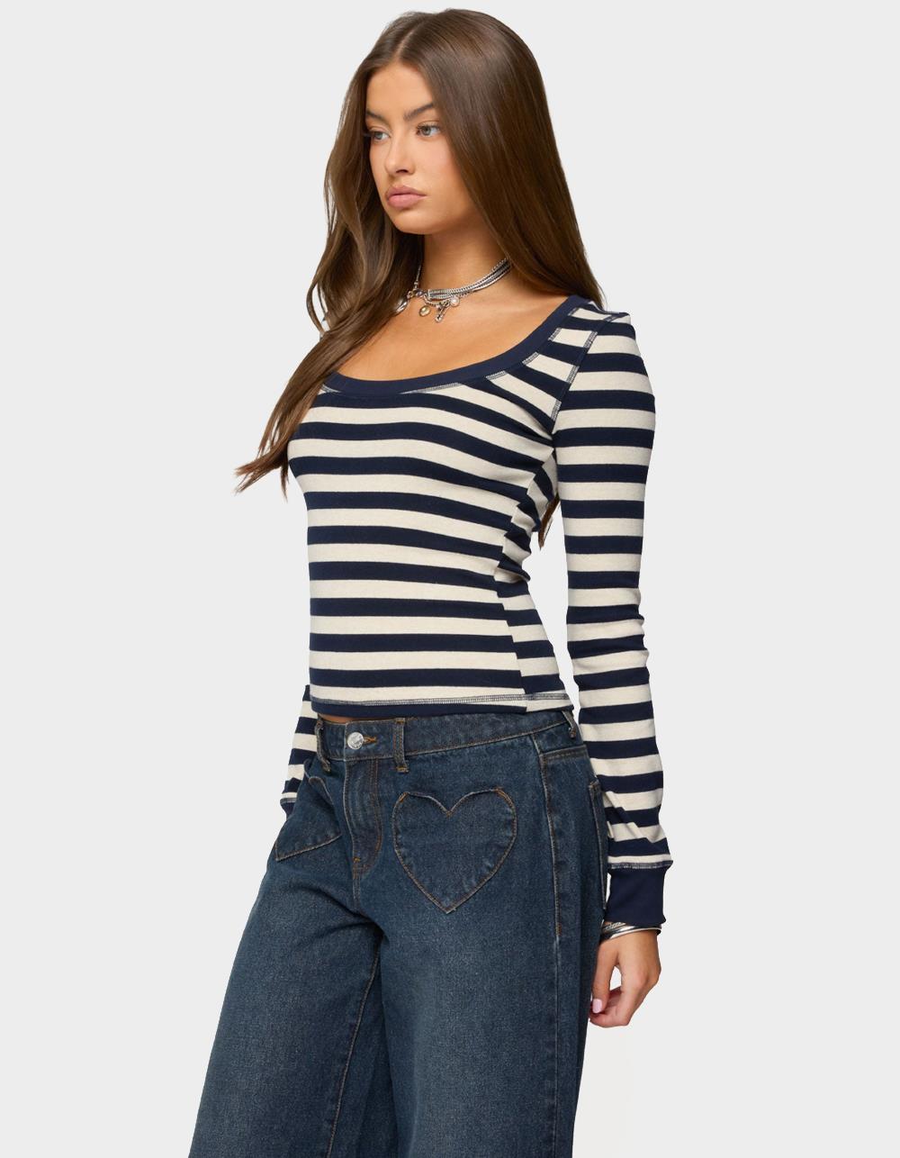 EDIKTED Rainey Striped Long Sleeve Top - NAVY