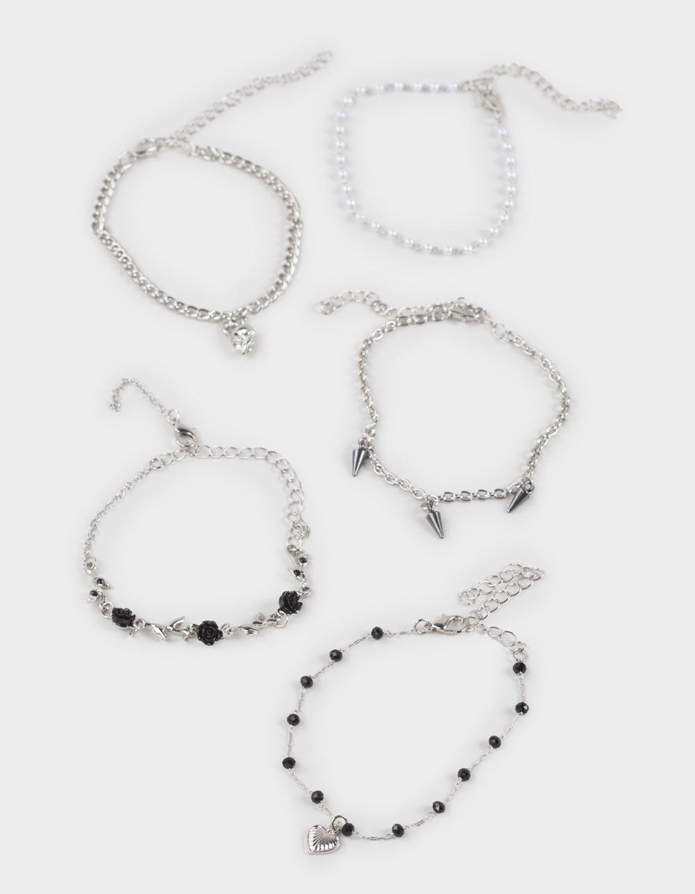 FULL TILT 5 Pack Skull/Spike/Rose Bracelets - SILVER