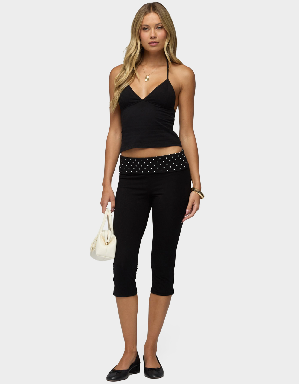 EDIKTED Genni Polka Dot Foldover Capri Pants - BLACK