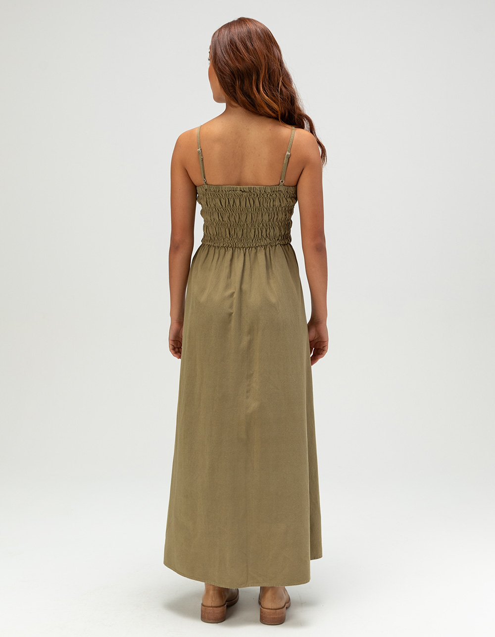 RHYTHM Classic Womens Shirred Midi Dress - OLIVE