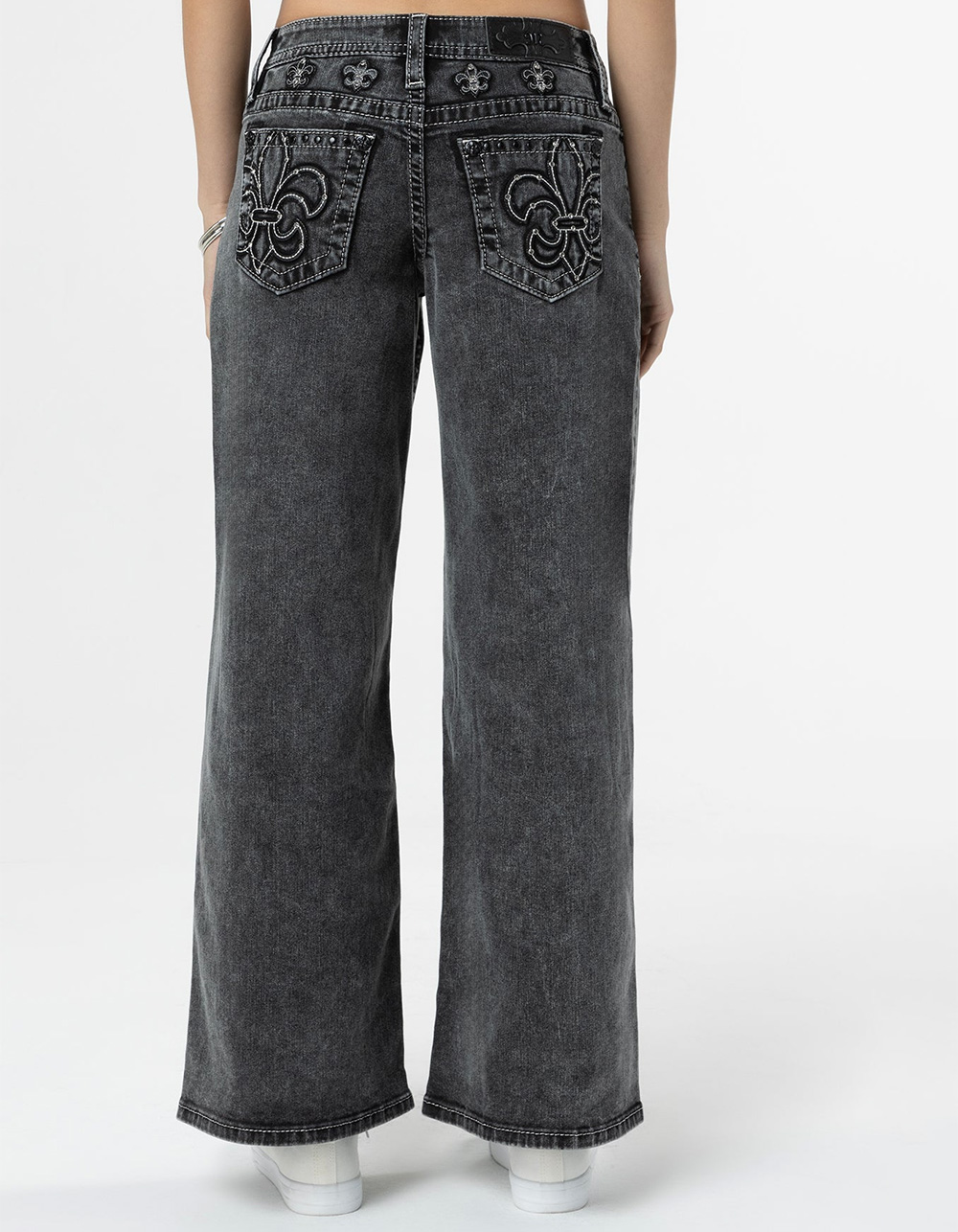 MISS ME Fleur Womens Mid Rise Wide Leg Jeans - WASHED BLACK