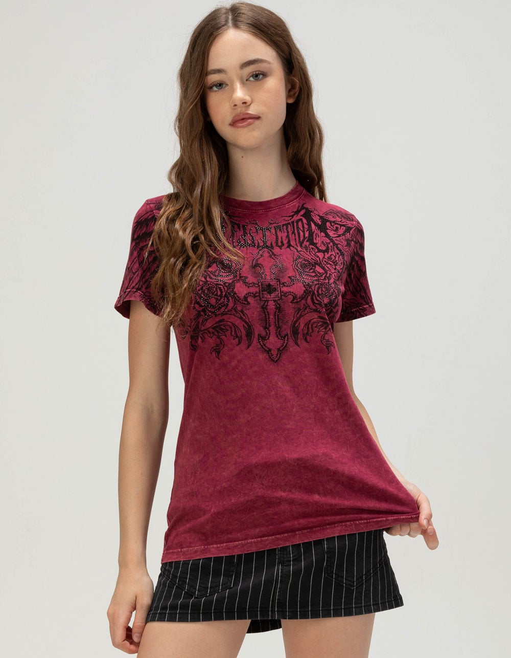 AFFLICTION Pale Sorrow Womens Rhinestone Tee - BURGUNDY