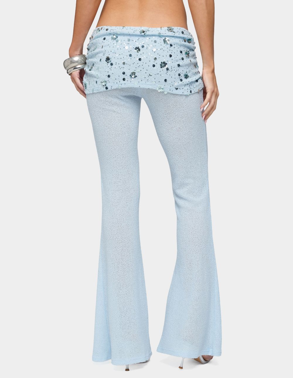 EDIKTED Zephyra Bead & Sequin Foldover Pants - LIGHT BLUE