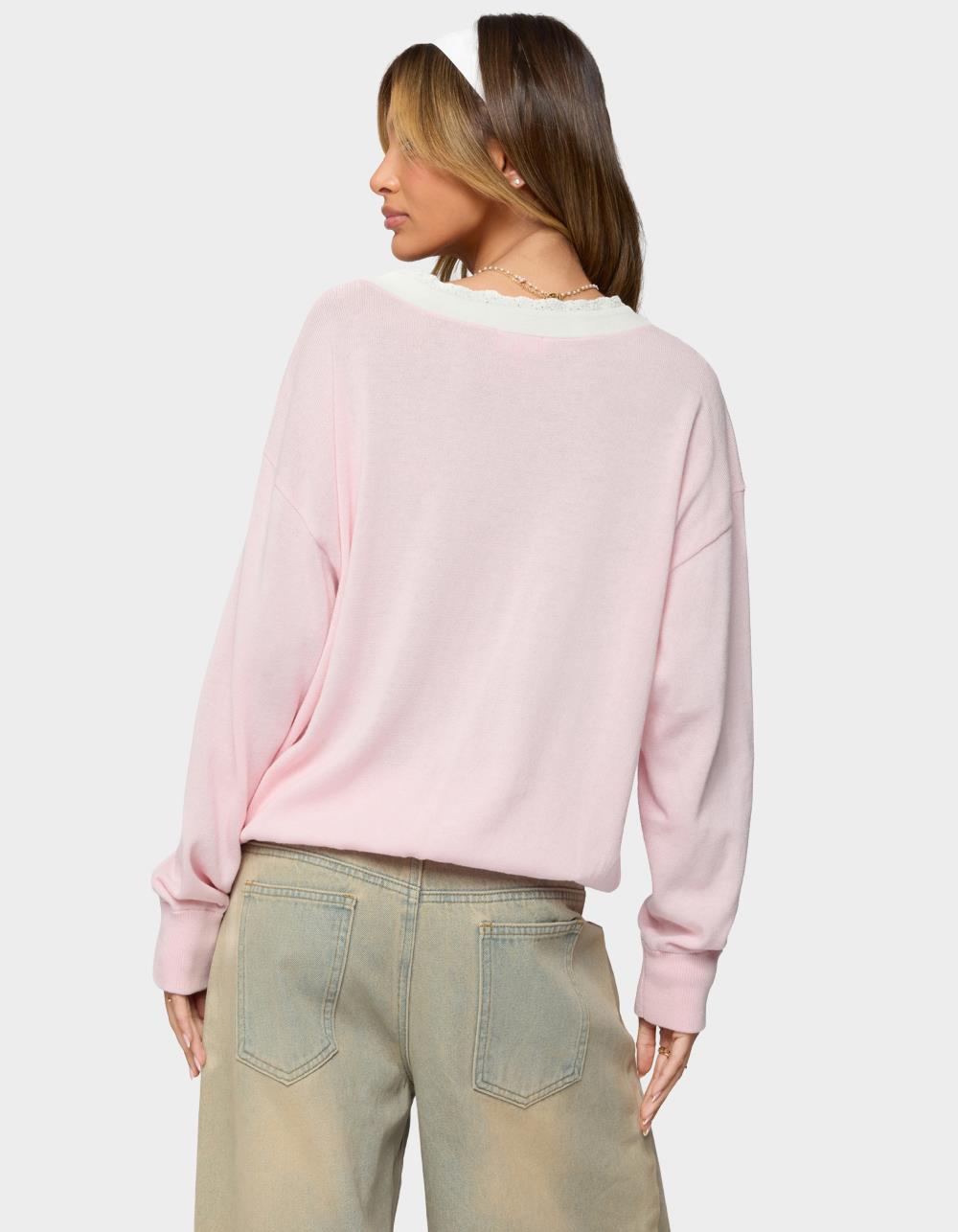 EDIKTED Marie Contrast Lacey V-Neck Sweater - LIGHT PINK