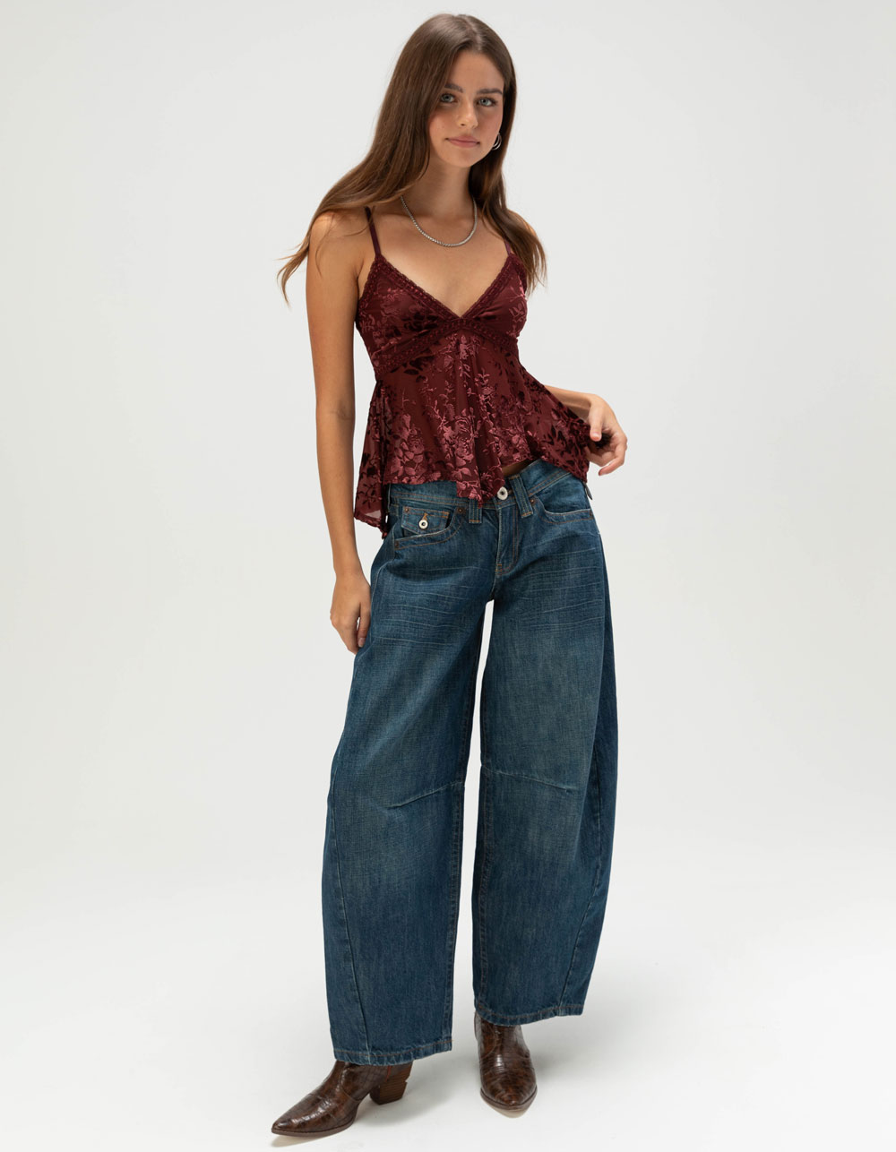 BDG Urban Outfitters Celia Devoré Womens Babydoll Top - BURGUNDY