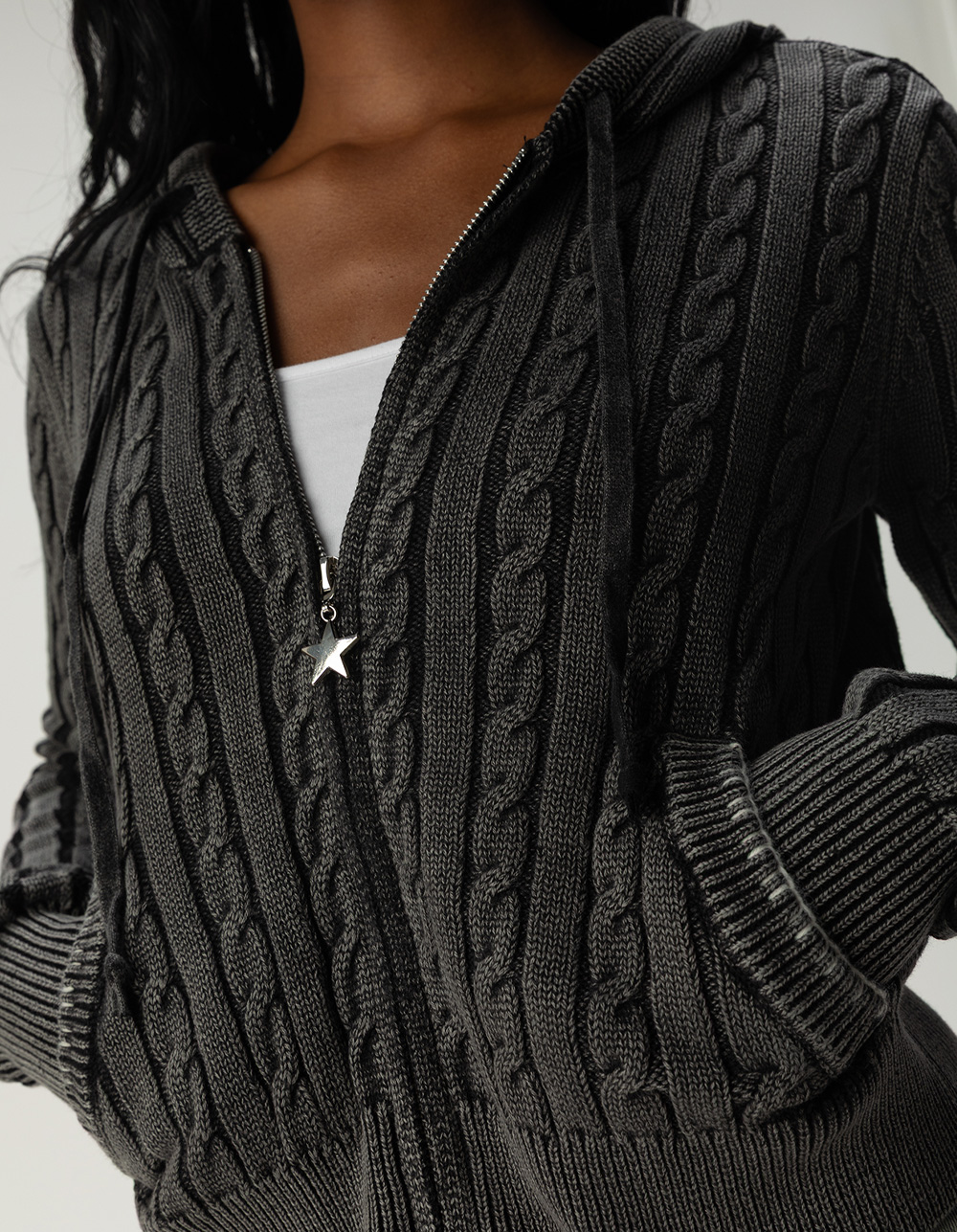 FULL TILT Womens WASHED Zip-Up Cable Knit Hoodie - BLACK