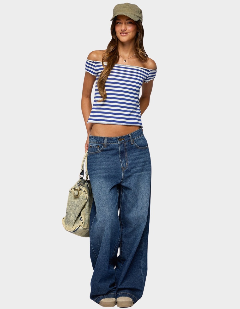 EDIKTED French Terry Striped Off Shoulder Top - LIGHT BLUE
