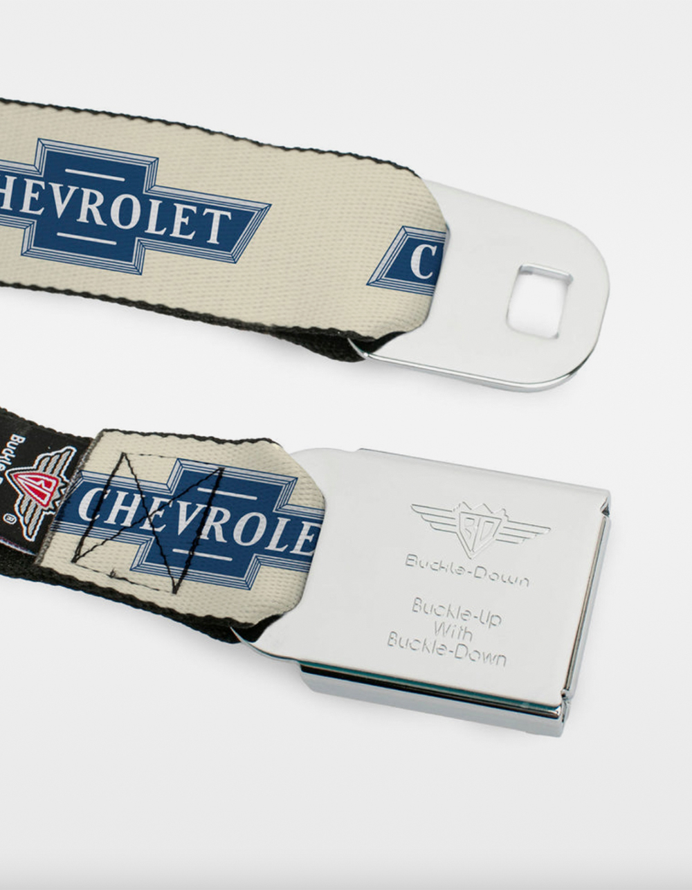 BUCKLE-DOWN Chevrolet 1940 Bowtie Text Logo Seatbelt Belt - BLUE/WHT