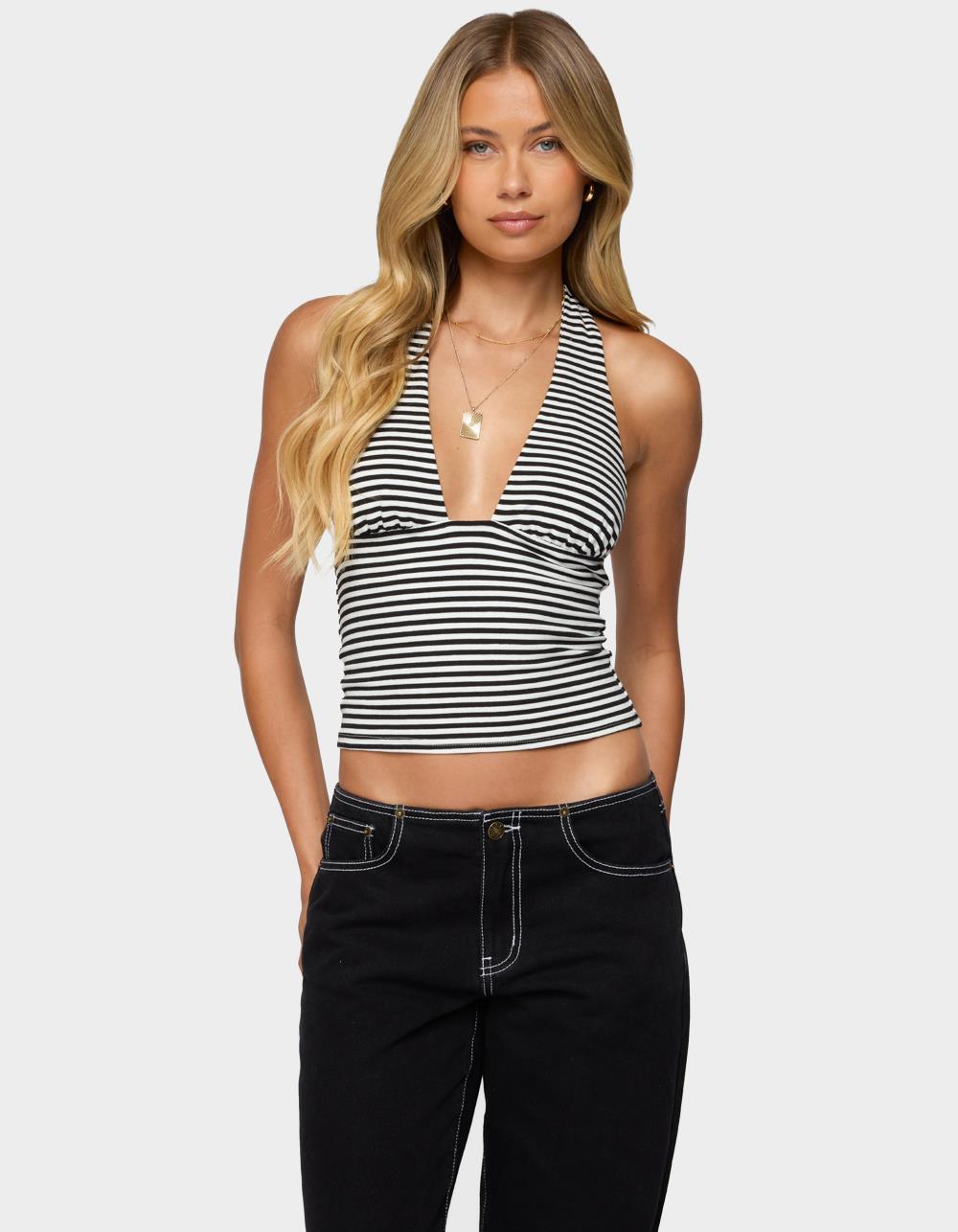 EDIKTED Sage Striped Halter Top - BLACK