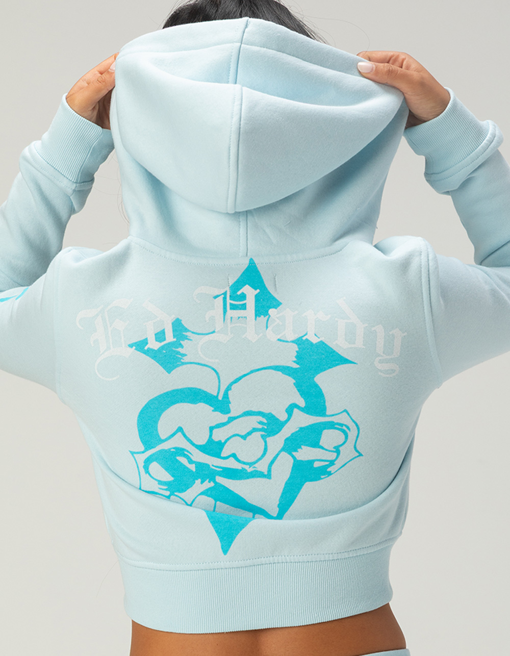 ED HARDY BLUE Leopard Womens Zip-Up Rhinestone Hoodie - BABY