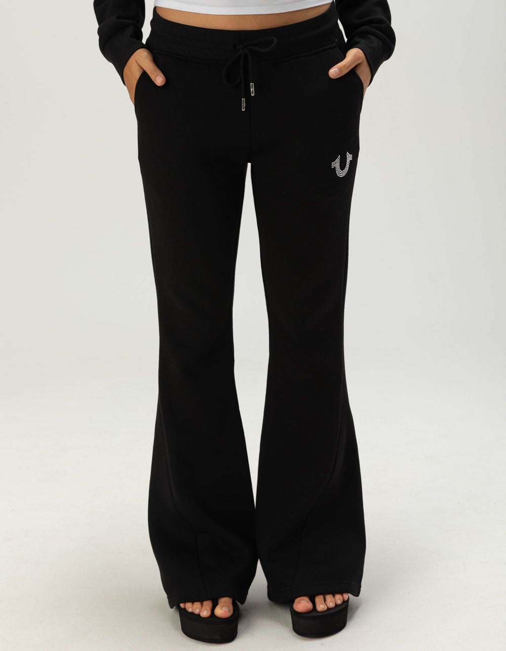TRUE RELIGION Crystal Womens Mid Rise Flare Sweatpants - BLK/CRYSTAL