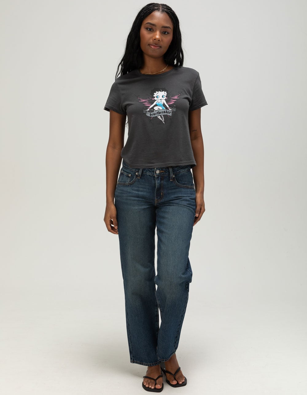BETTY BOOP Heartbreaker Womens Off The Shoulder Tee - BLACK