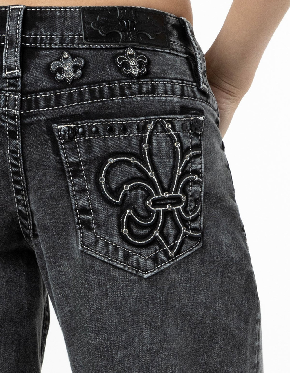 MISS ME Fleur Womens Mid Rise Wide Leg Jeans - WASHED BLACK