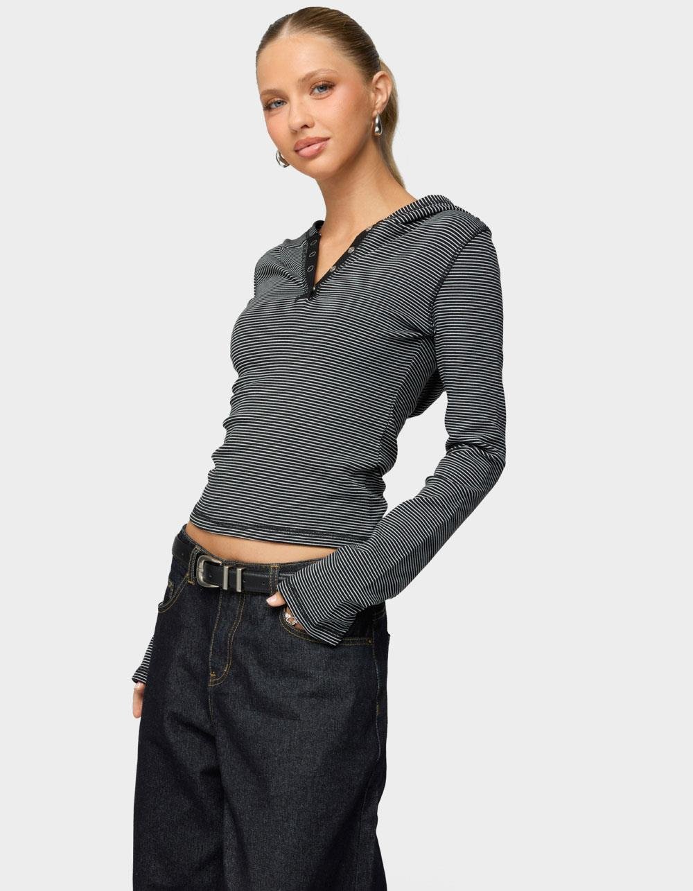 EDIKTED Damson Striped Hooded Henley Top - BLACK