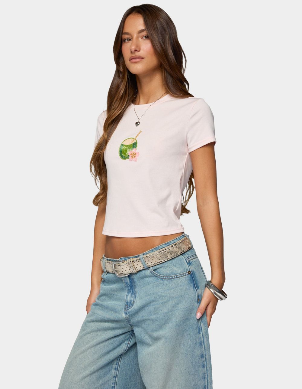 EDIKTED Coconut Beaded Tee - LIGHT PINK