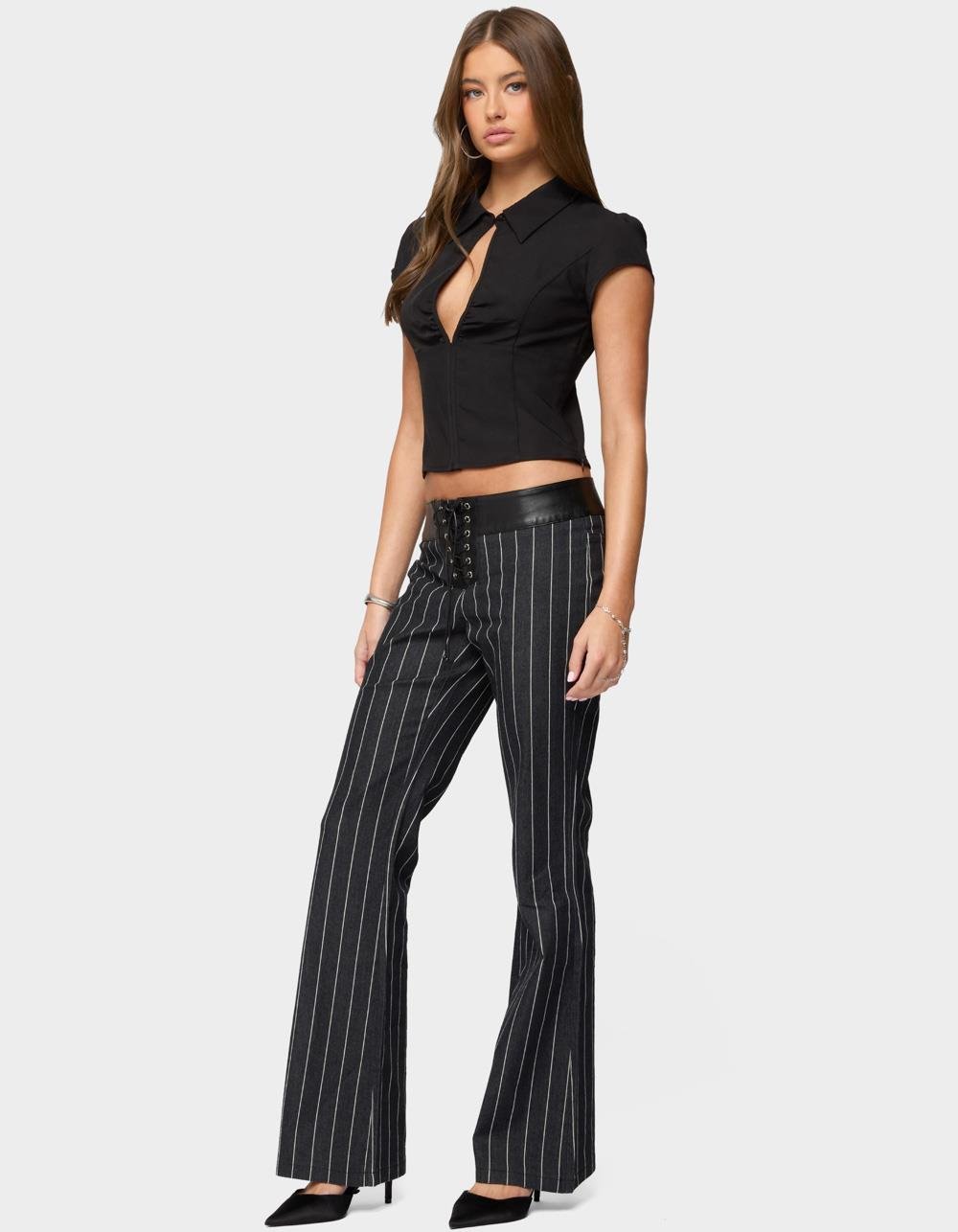 EDIKTED Pinstripe & Faux Leather Low Rise Flared Jeans - DARK BLUE