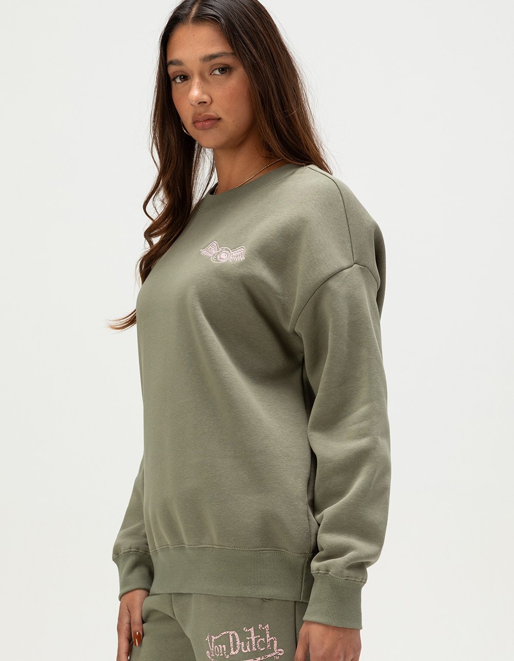 VON DUTCH Embroidered Womens Crewneck Sweatshirt - OLIVE
