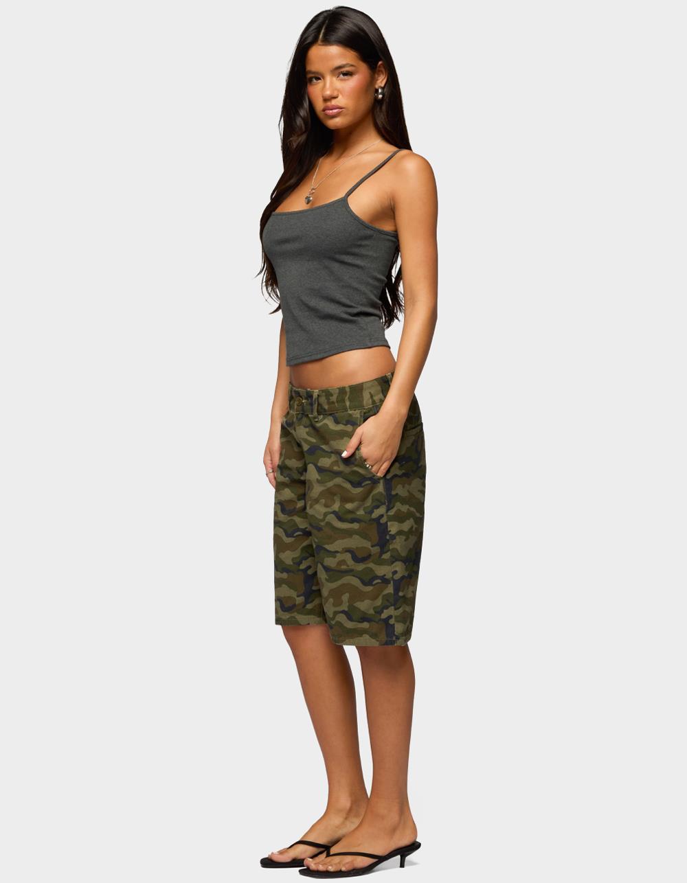 EDIKTED Camo Denim Low Rise Bermuda Shorts - DK GREEN