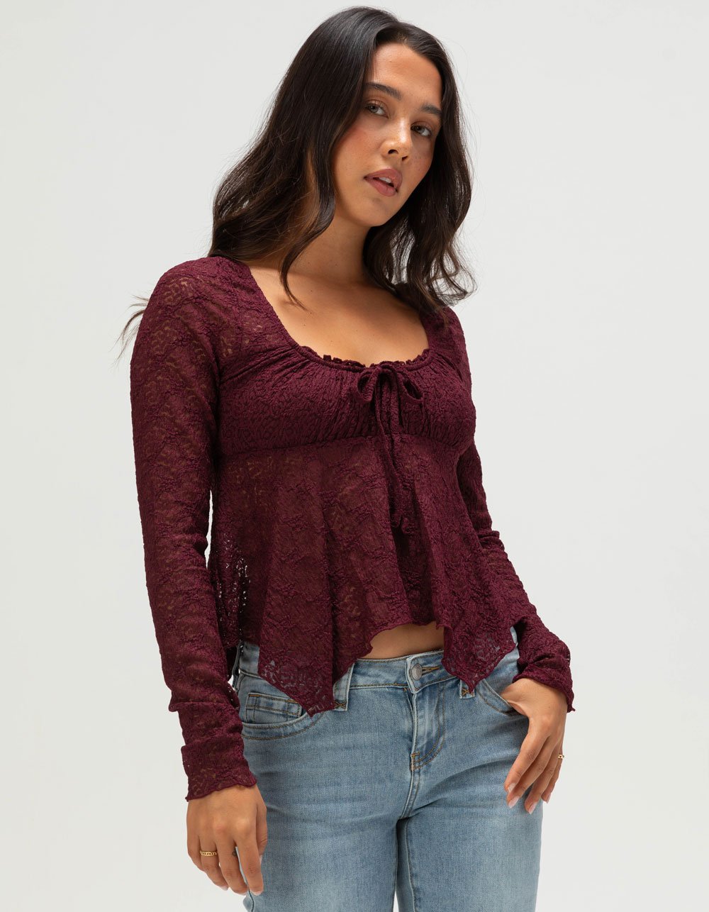 FULL TILT Lace Womens Babydoll Top - BURGUNDY