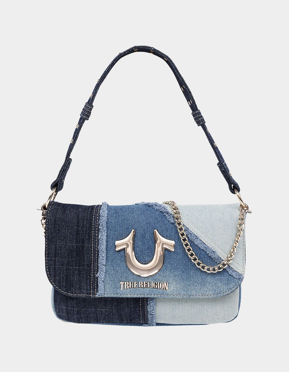TRUE RELIGION Frayed Denim Horseshoe Hobo Bag - DENIM