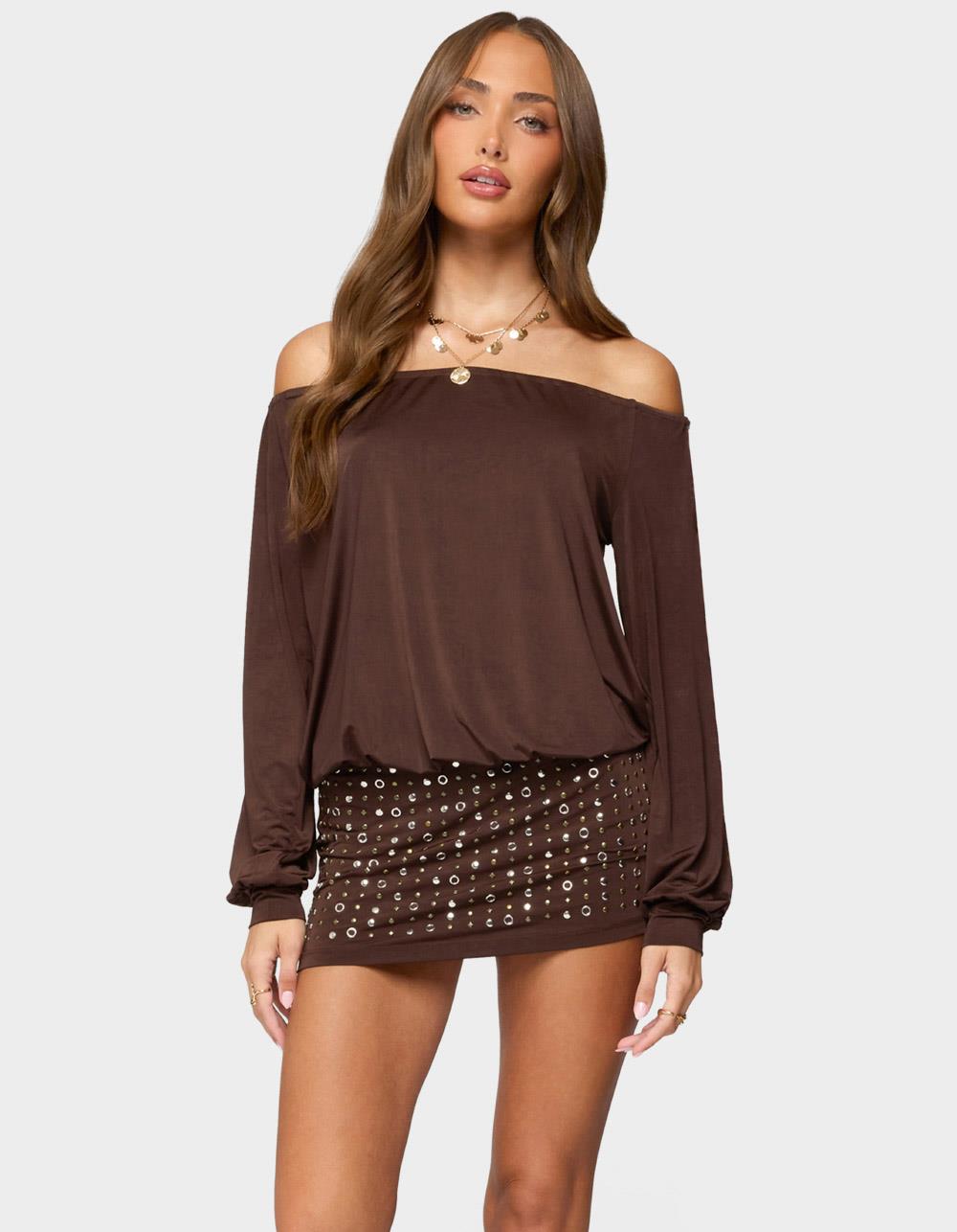 EDIKTED Studded Off Shoulder Backless Romper - BROWN